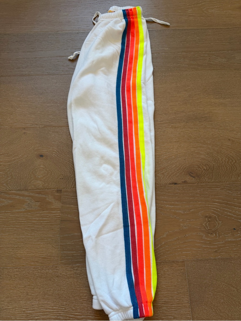 Aviator Nation White Joggers with Rainbow Side Stripes